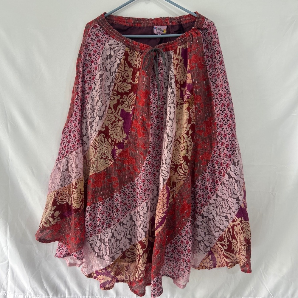Girl Talk Terry K Inc Red Pink Patchwork Lace Metallic Cotton Midi Skirt XL